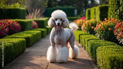 Poise in Bloom: Poodle Enjoys a Peaceful Walk Through a Vibrant Garden Path