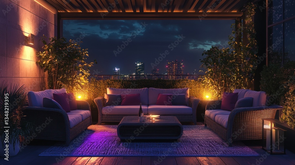 Obraz premium Nighttime Cityscape Rooftop Terrace with Sectional Sofa and Ambient Lighting