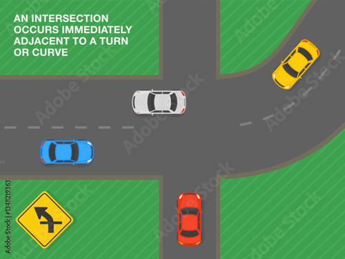 Safe driving tips and traffic regulation rules. United States "Intersection in curve or turn" road sign. Top view of a traffic flow. Flat vector illustration template.