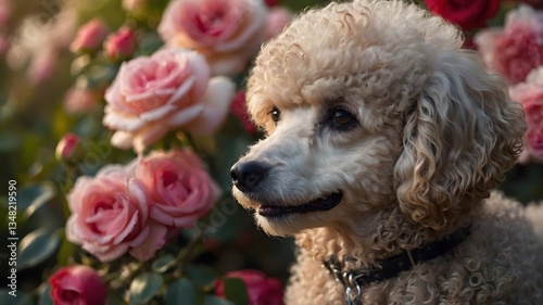 Floral Elegance: Poodle’s Face Framed by Vibrant Blooming Roses