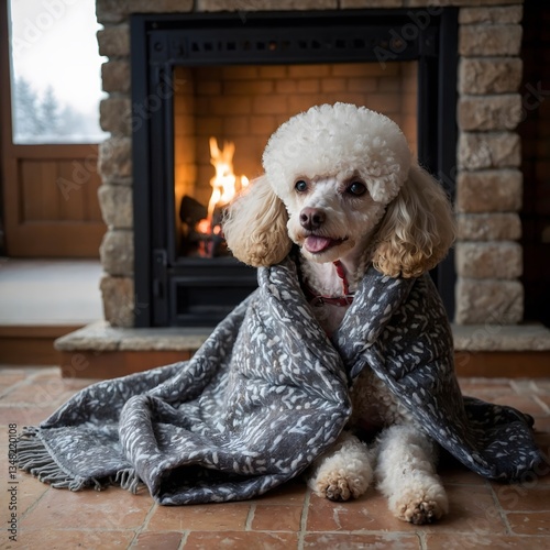 Cozy Chic: Stylish Poodle by the Fireplace, Wrapped in a Wool Blanket on a Snowy Day
