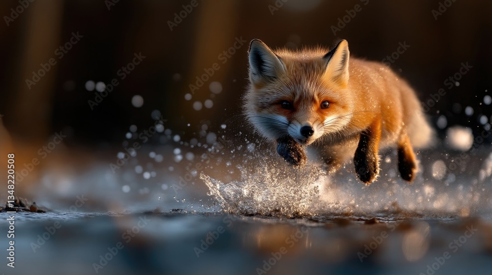 Obraz premium Red fox leaping through water