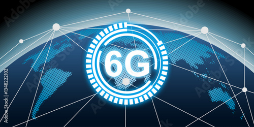 6G global network concept with a digital world map and circuit connections. High-speed communication and technology theme. Ideal for business, internet, and connectivity visuals.