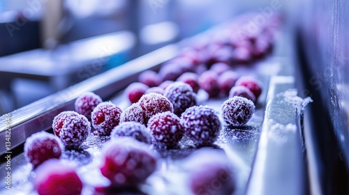 Frozen Cherries on a Conveyor Belt