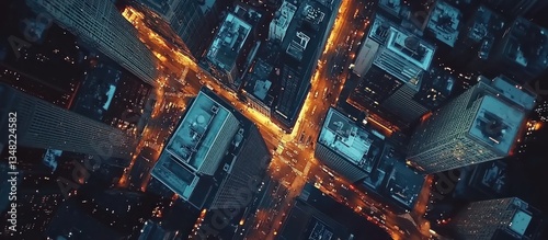 Aerial view of a brightly lit city at nighttime showing structures
