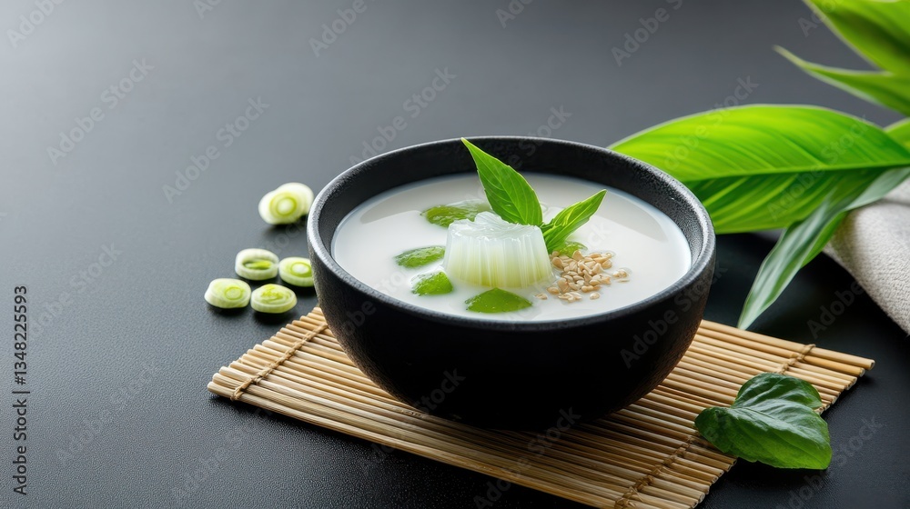 Delicious Bowl of Fresh Soup Garnished with Green Leaf for Healthy Meal Delicious Bowl of Fresh Soup Garnished with Green Leaf for Healthy Meal