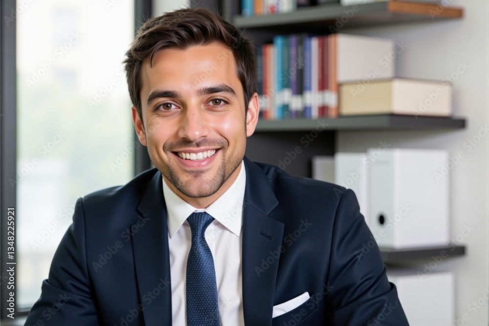 Fototapeta premium Confident Hispanic Male Professional Smiling in Modern Office Setting with Bookshelf Background