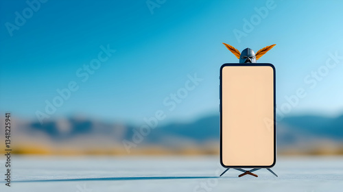 A photo of a vertical smart mobile phone with a curved display transformed into a warrior. The mobile phone is on a tripod and wearing with a tiny warrior helmet in the mobile top. The phone has a two photo