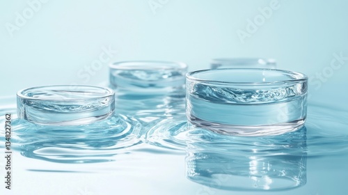 Elegant arrangement of floating transparent glass circles on serene blue backdrop, sophisticated water ripple animations frozen in time, premium glossy reflections suggesting luxury skincare,