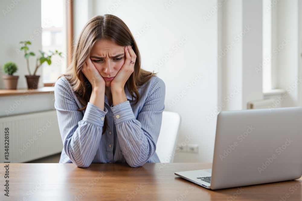 A young woman with brown hair, appearing troubled or stressed, sits at a wooden table, resting her head on her hands while looking at her laptop in a modern, well-lit room with plants. A young woman with brown hair, appearing troubled or stressed, sits at a wooden table, resting her head on her hands while looking at her laptop in a modern, well-lit room with plants.