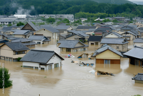 Devastating floodwaters inundate a residential area, submerging homes and causing significant damage.  The scene depicts the aftermath of a severe weather event.
