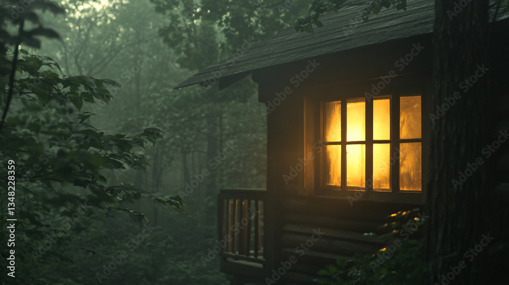 A cozy cabin in a misty forest, illuminated from within, creating a warm glow against the dark, serene surroundings. A cozy cabin in a misty forest, illuminated from within, creating a warm glow against the dark, serene surroundings.