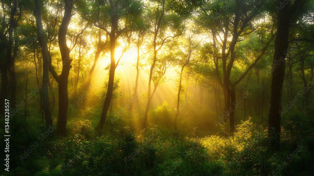 Obraz premium A serene forest scene illuminated by golden sunlight filtering through tall trees, creating a tranquil and magical atmosphere.