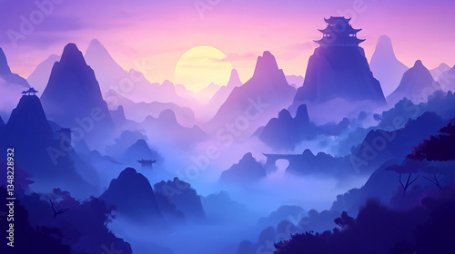 Ethereal landscape featuring towering mountains and a serene sunset, infused with shades of purple and blue, creating a tranquil atmosphere.