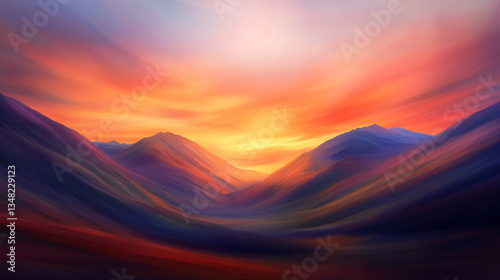 A vibrant sunset over rolling mountains, with a blend of warm colors illuminating the serene landscape.