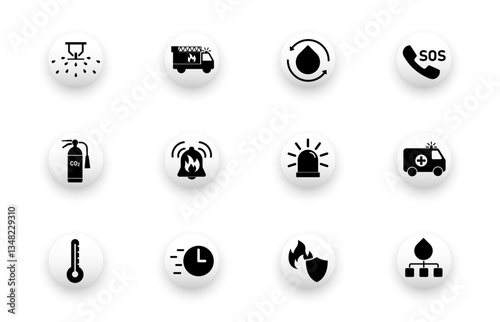 Solid vector icon set with fire protection, automatic fire extinguishing system, alarm, fire truck icons.