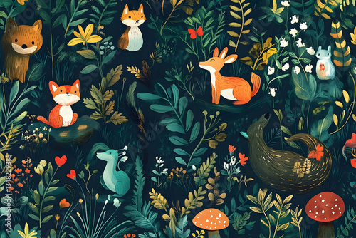 Enchanting forest creatures amidst whimsical foliage, a magical nature scene