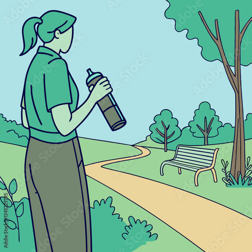 Person Enjoying a Sunny Day in the Park While Holding a Reusable Water Bottle Along a Winding Path Generative AI