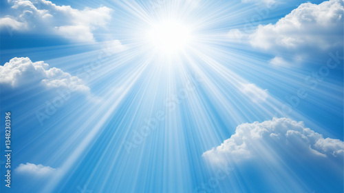 A bright sun radiates light through soft clouds against a clear blue sky, creating a serene and uplifting atmosphere.