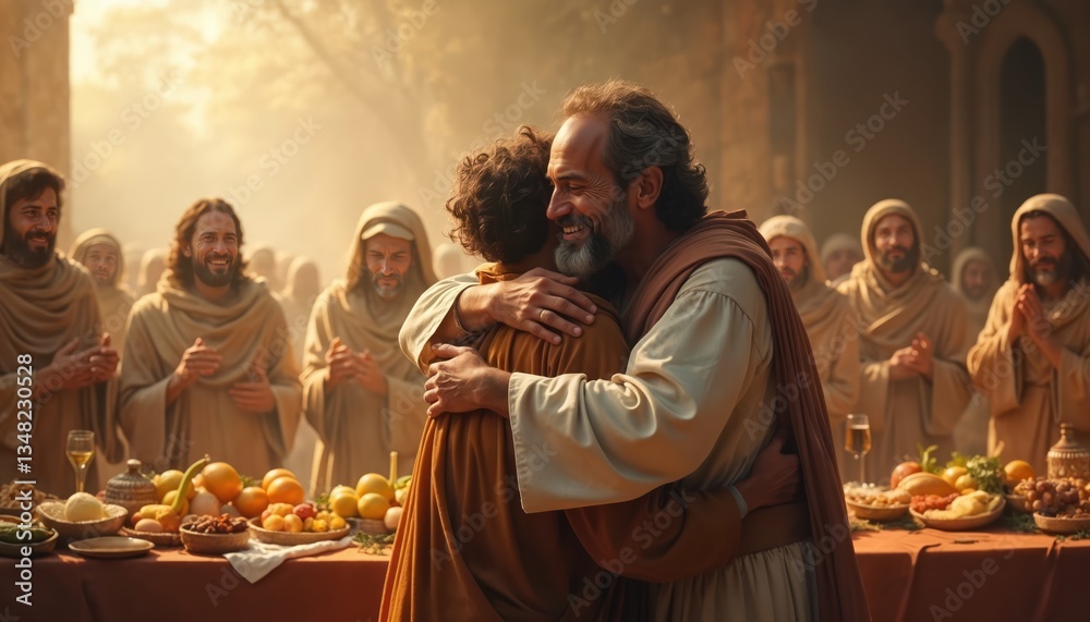 Father embraces son home. Prodigal son returns, forgiven, welcomed back. Scene depicts celebration, feast, joy, love, family reunion, forgiveness, redemption, new beginning.