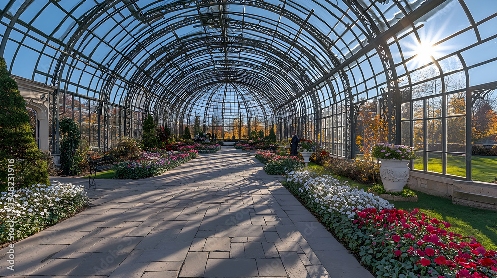 Sunlit autumnal conservatory pathway, vibrant flowers, ornate ironwork, glass roof, stone pavement. Sunlit autumnal conservatory pathway, vibrant flowers, ornate ironwork, glass roof, stone pavement.