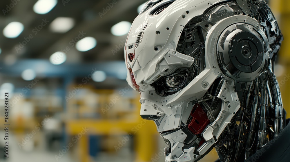 Close Up of a Futuristic Robot Head in an Industrial Setting Close Up of a Futuristic Robot Head in an Industrial Setting