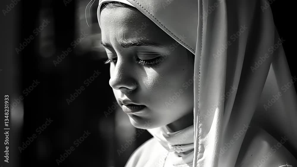 Young girl in white headscarf, deep in thought