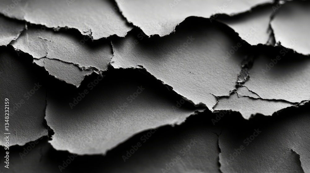 Obraz premium Ripped paper macro photography, dramatic black and white contrast, rough textured surface, abstract minimalism, artistic material study, raw edge detail