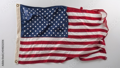 A wrinkled American flag displayed flat, showcasing its red, white, and blue colors.