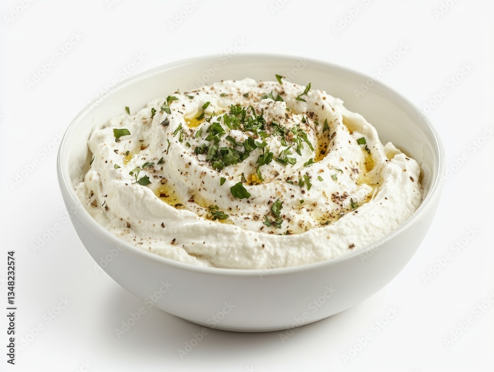 Creamy labneh dip in white bowl topped with olive oil parsley and black pepper perfect for healthy meals Creamy labneh dip in white bowl topped with olive oil parsley and black pepper perfect for healthy meals