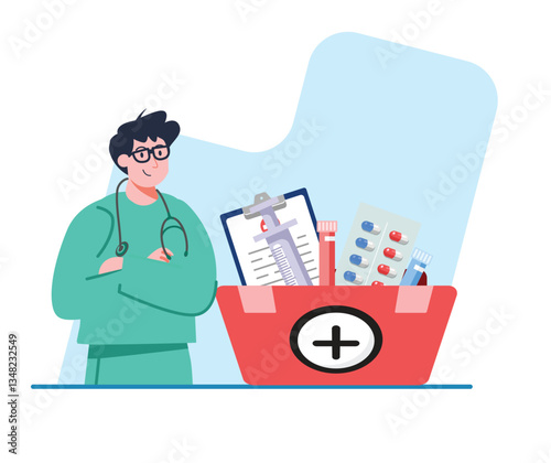 Doctor Holding First Aid Kit with Medical Supplies and Healthcare Equipment