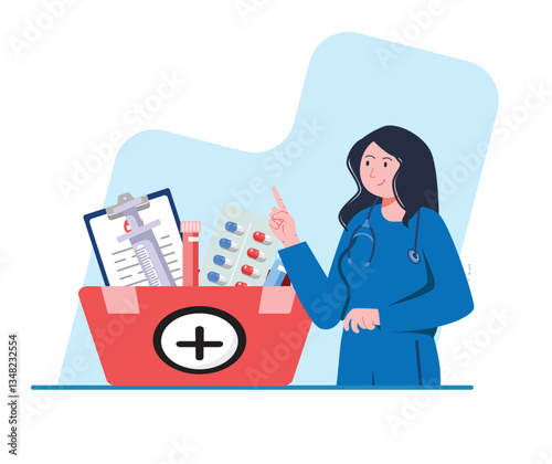 Doctor Presenting Medical Kit with Clipboard and Medications for Healthcare