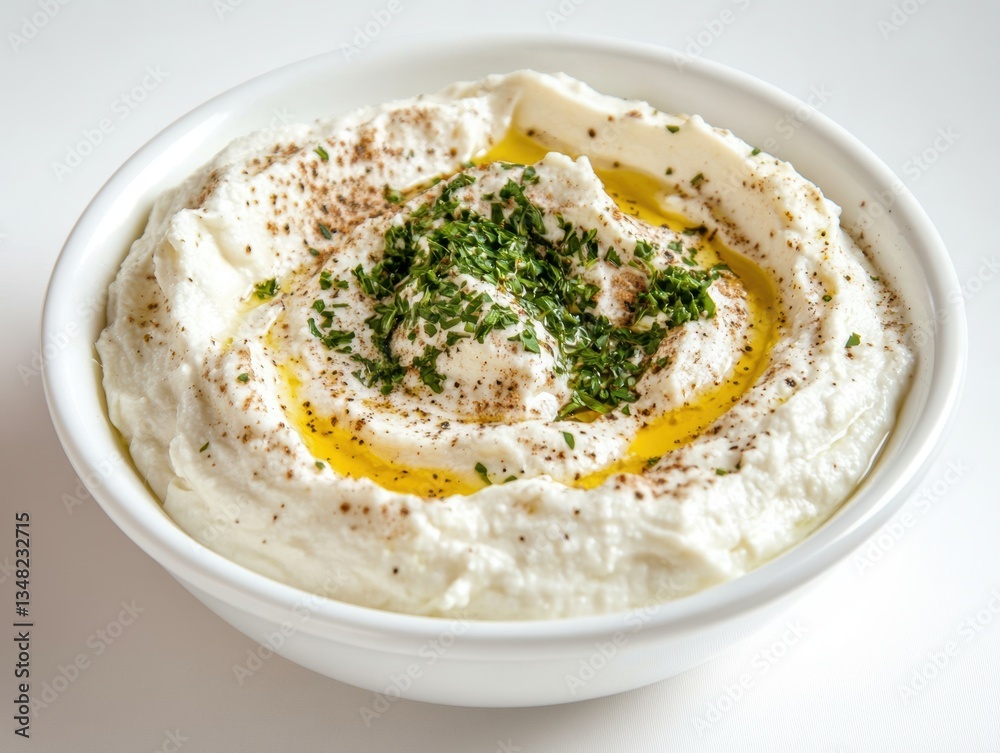 Creamy labneh dip in white bowl topped with olive oil parsley and black pepper perfect for healthy meals Creamy labneh dip in white bowl topped with olive oil parsley and black pepper perfect for healthy meals