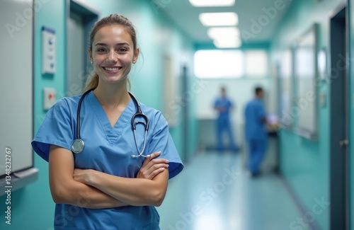 Young, confident female doctor student smiles. Woman wears scrubs, stethoscope in medical education environment. Healthcare professional, ready to pursue medicine career.