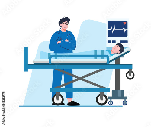 Doctor Overseeing Patient on Hospital Gurney with Heart Rate Monitor