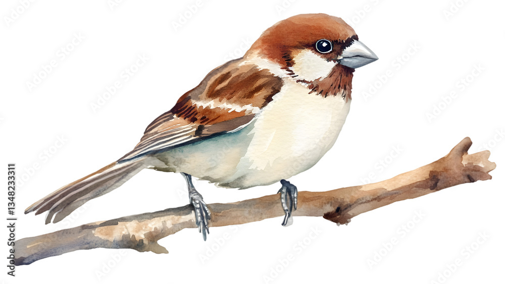 Fototapeta premium Detailed Watercolor Sparrow On Branch