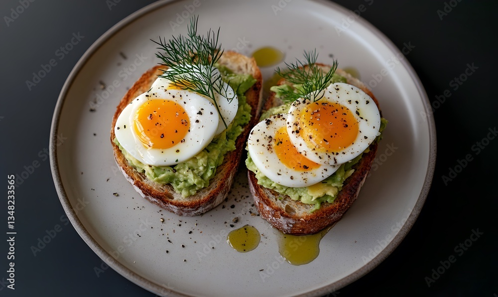 A beautiful plate of Avocado and Egg Toast, Generative AI A beautiful plate of Avocado and Egg Toast, Generative AI