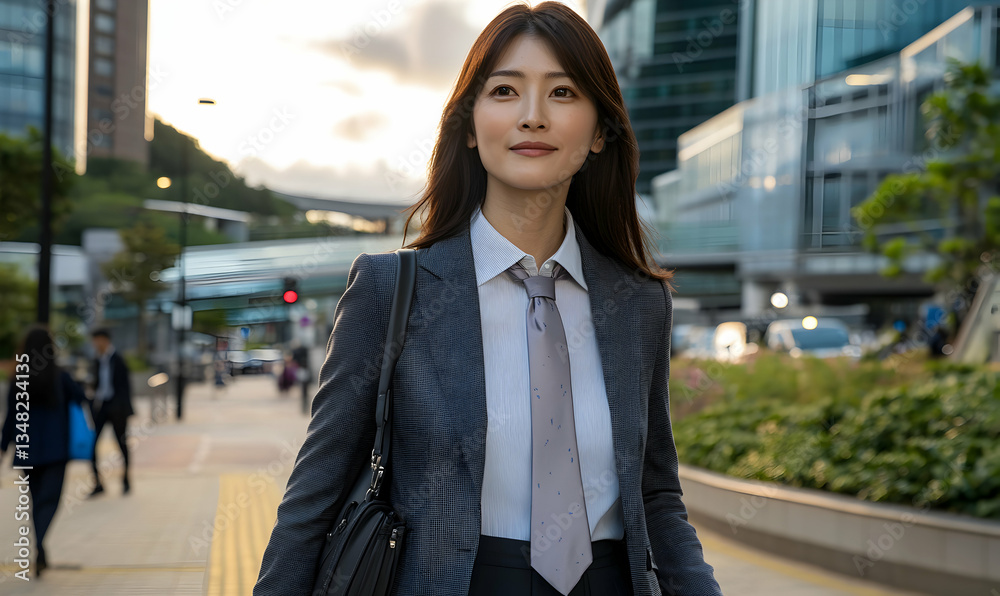 Confident businesswoman walking in a modern city, showcasing ambition and success. She's wearing a grey blazer and a stylish tie. Confident businesswoman walking in a modern city, showcasing ambition and success. She's wearing a grey blazer and a stylish tie.