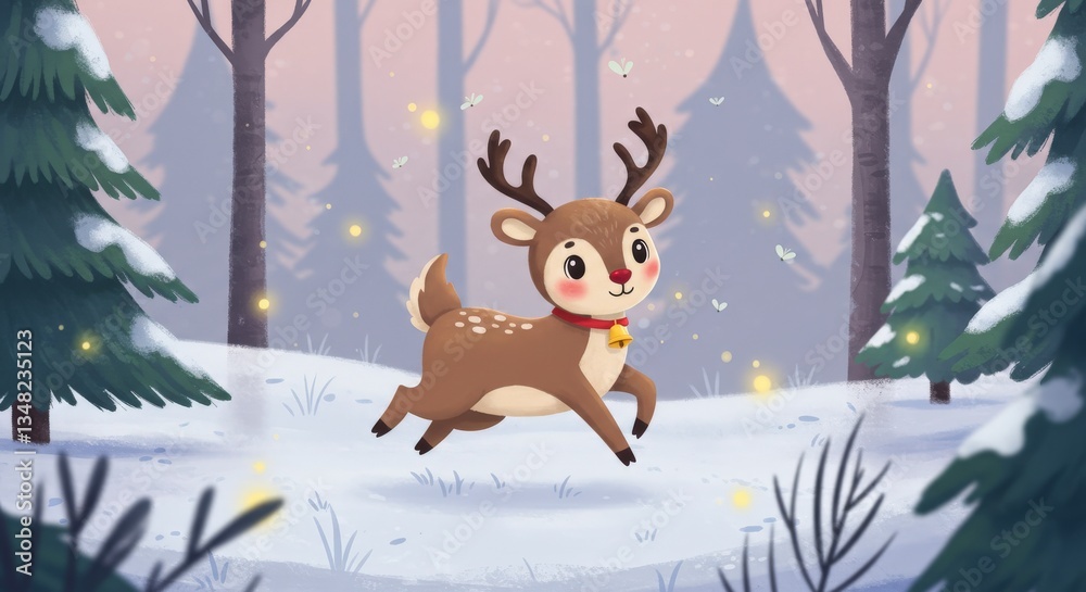 Naklejka premium Cute Cartoon Reindeer Prancing in a Magical Winter Forest with Fireflies
