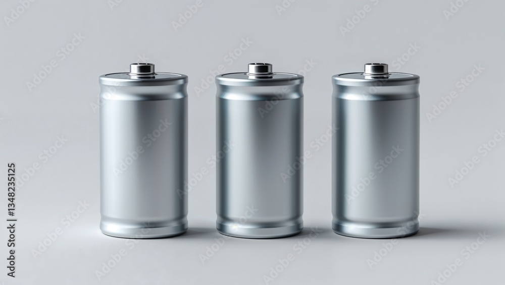 Three metallic batteries arranged in a row, showcasing a sleek design for energy storage. Three metallic batteries arranged in a row, showcasing a sleek design for energy storage.