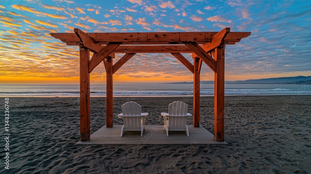 Seascape view Chairs under timber frame, sandy beach and colorful sunset sky Seascape view Chairs under timber frame, sandy beach and colorful sunset sky