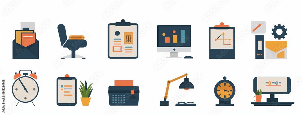 Office and business flat icons set. Workplace teamwork