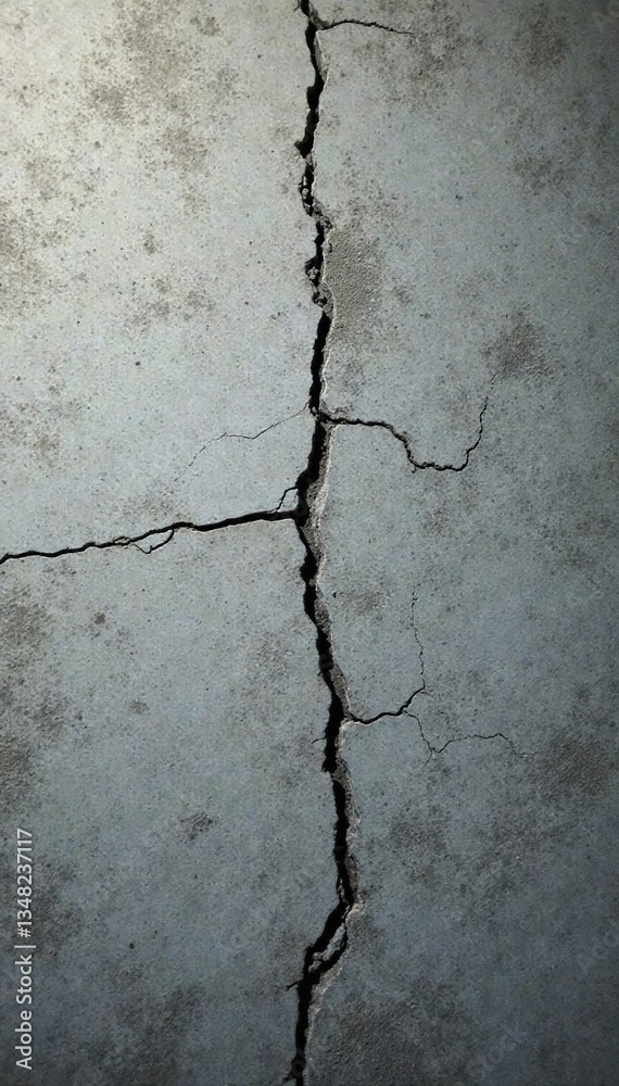 Obraz premium Cracked grey concrete wall, distressed surface, ample space , wide, background, copy space