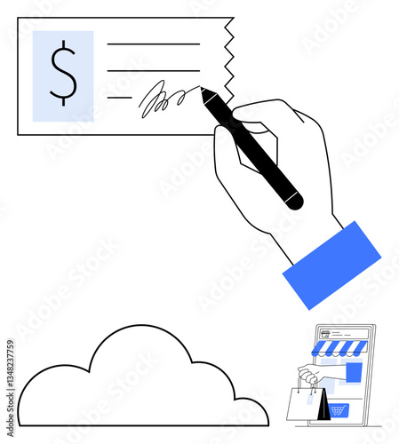 Hand signing a financial document, cloud element, digital storefront with shopping bags. Ideal for finance, ecommerce, digital payments, online shopping, cloud storage fintech modern banking. Flat