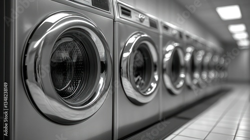 Row of modern washing machines in a laundromat, clean and organized