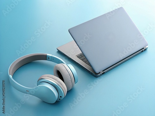 Modern Laptop and Headphones on Blue Background