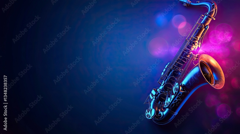 Obraz premium Saxophone Musical Instrument Under Spotlight with Bokeh for Jazz Music