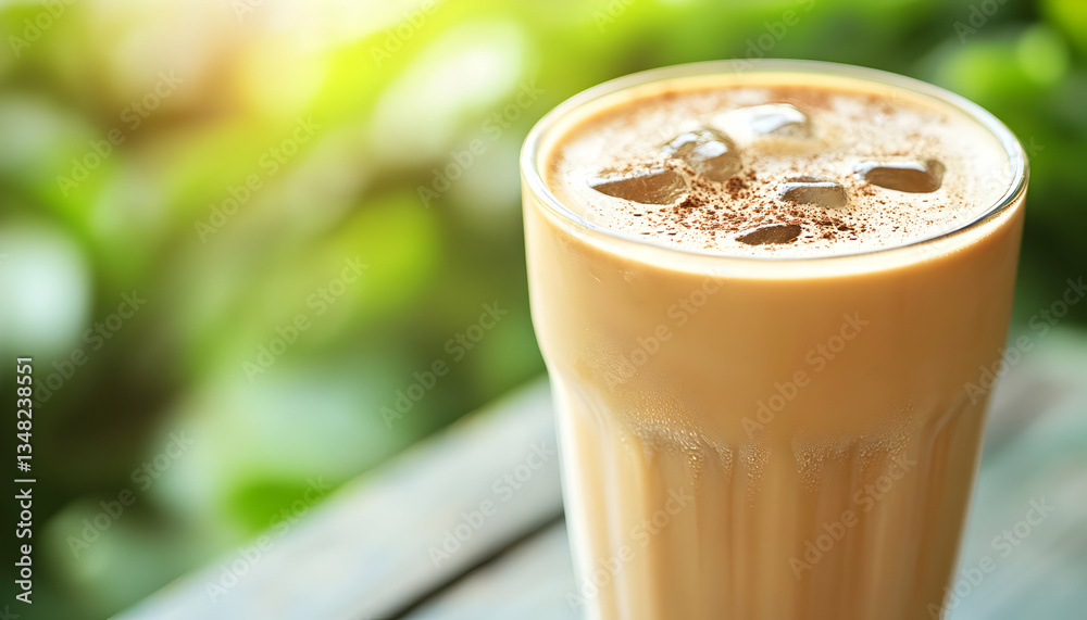 Refreshing iced coffee with ice cubes and cinnamon on top, sitting outdoors on a wooden table with a blurred green background. Refreshing iced coffee with ice cubes and cinnamon on top, sitting outdoors on a wooden table with a blurred green background.