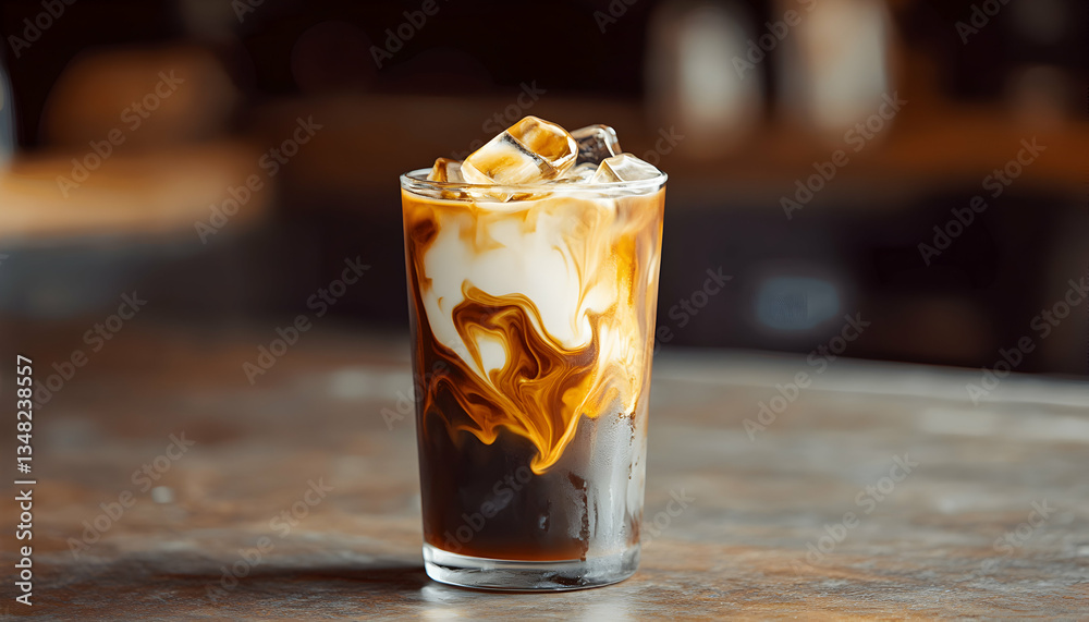 Iced coffee with cream swirls in a glass, sitting on a wooden table. Perfect for cafe menus or beverage websites. Iced coffee with cream swirls in a glass, sitting on a wooden table. Perfect for cafe menus or beverage websites.
