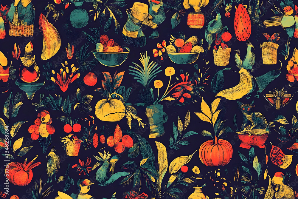 A vibrant tapestry of nature's abundance, A colorful and whimsical botanical illustration A vibrant tapestry of nature's abundance, A colorful and whimsical botanical illustration